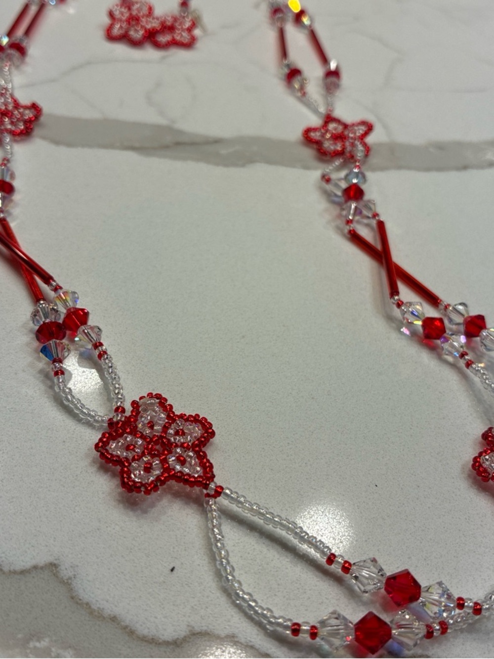 Red Beaded Floral Necklace & Earring Set - Women Jewelry - Picture 3 of 3